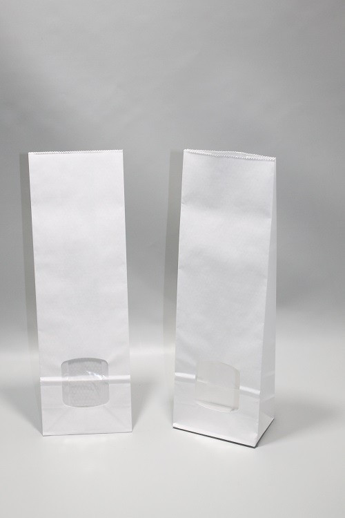 Blockbodenbeutel Kraft Weiß 10,5x6,5x33cm 80 g/m² gefüttert mit 30My OPP Folien/Fenster | 1kg (100 Stück) [PAB1013]
