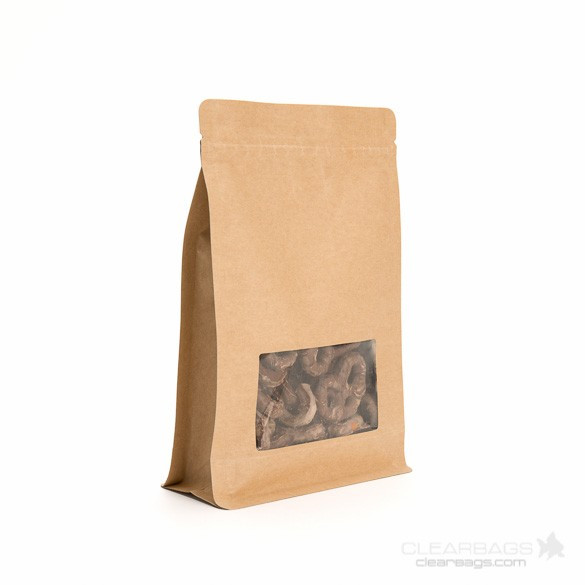 Kraft Box Bottom Zipper Pouches w/Window 12.7 x 4.4 x 16.5cm (100 Pieces) [SQMS3K]  