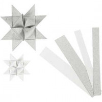 Papierstreifen für Fröbelsterne, B 15+25 mm, D: 6,5+11,5 cm, Weiß, Glitter und Lack, 40Streifen, L 44+78 cm [HOB-20774]