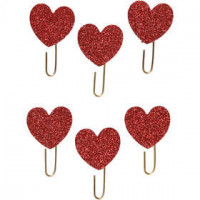 Papier-Klammern aus Metall, D: 30 mm, Rot mit Glitter, Herz, 6Stck. [HOB-24780]